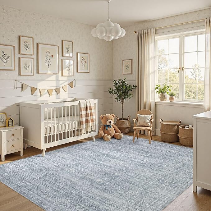 Nakagishi 6x9 Area Rugs Living Room: Washable Large Vintage Rug Neutral Non-Slip Soft Stain Resistant Indoor Carpet for Bedroom Nursery Dining Room Office Playroom - Blue