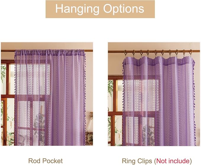 Sutuo Home Lavendar Boho Curtains 84 inches Long for Bedroom Living Room, Purple Lace Sheer Curtains Crochet Bohemian Privacy Farmhouse Vintage Tassels Rustic Chic Decor Rod Pocket, 2 Panels 50" W