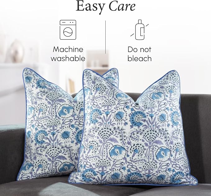 CPC 100% Cotton Throw Pillow Covers 18x18 Inch, Set of 2 Blue Block Print Pattern Couch Pillow, Cute Boho Decorative Pillows for Living Room, Bedroom with Hidden Zipper- Indigo Blue