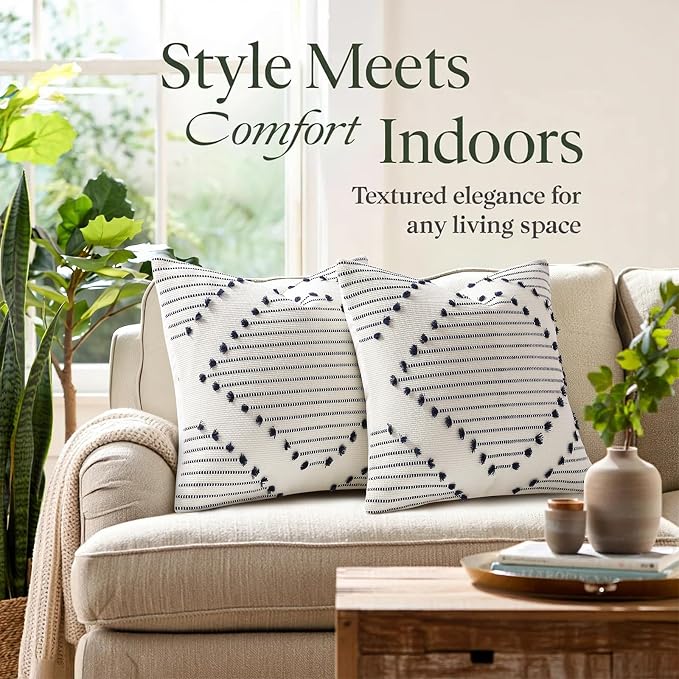 Mecatny Boho Summer Outdoor Throw Pillow Covers 12X20 Set of 2, Farmhouse Lumbar Pillow Covers for Couch Sofa Living Room, Navy & Cream White