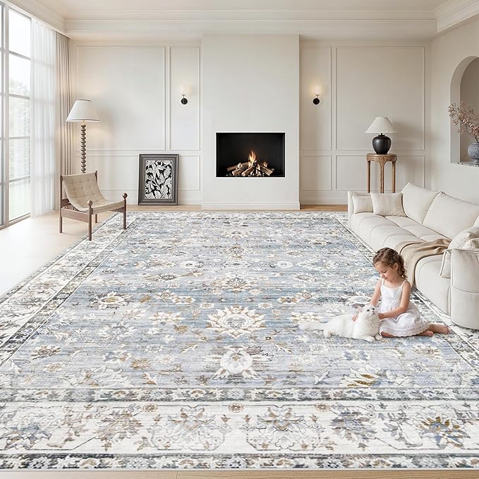 XLUEZ Area Rug 10x14 Living Room Rugs, Machine Washable Vintage Distressed Boho Area Rug Non-Slip Soft Low Pile Large Indoor Rugs for Bedroom Kitchen Dining Room Office(Light Blue,10'x14')