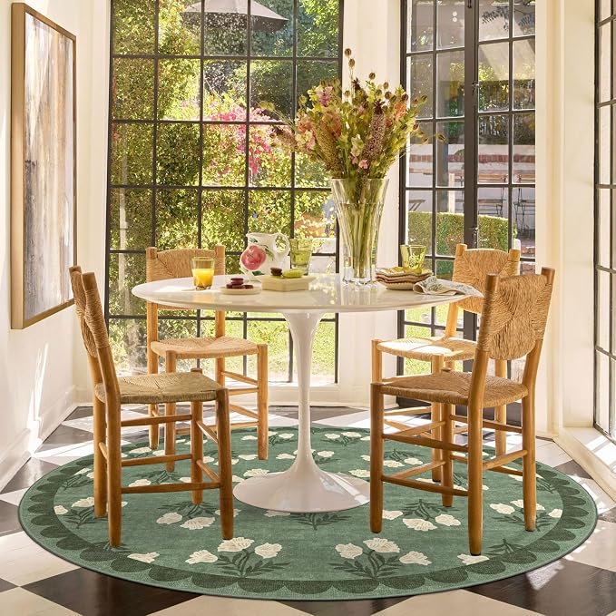 Sage Green 4ft Round Entry Rug - Soft Washable Floral Boho Vintage Scalloped Round Rug for Bedroom Non Slip Stain Resistant Circle Area Rugs for Living Room Entryway Bathroom Nursery Kids Room