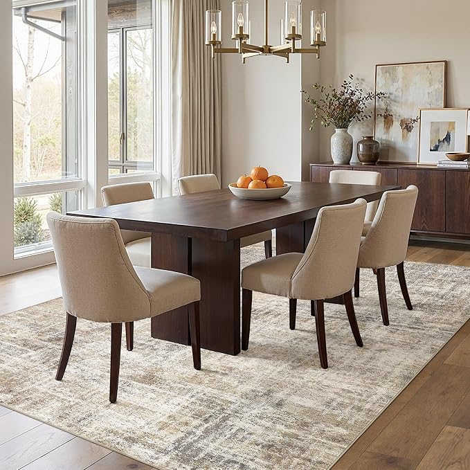 cotiled Washable 9x12 Area Rug for Living Room - Modern Abstract Carpet with Non-Slip Backing, Low Pile & Soft, Stain Resistant, Kid & Pet Friendly Decor for Bedroom & Dining Room - Gold Brown