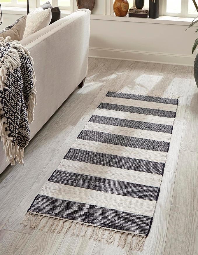 Unique Loom Chindi Rag Collection Area Rug - Striped (2' x 4' 1" Runner, Navy Blue/ Ivory)