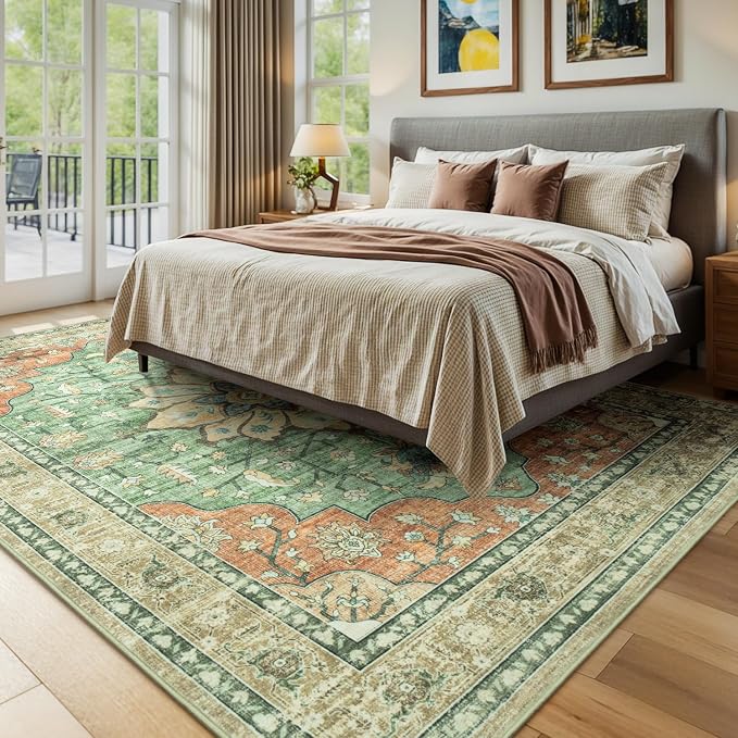 Washable Rugs for Living Room Bedroom, 5x7 Area Rugs for Kitchen Office Nursery, Non Slip Low Pile Rug Indoor, Vintage Boho Print Floral Carpet, Orange