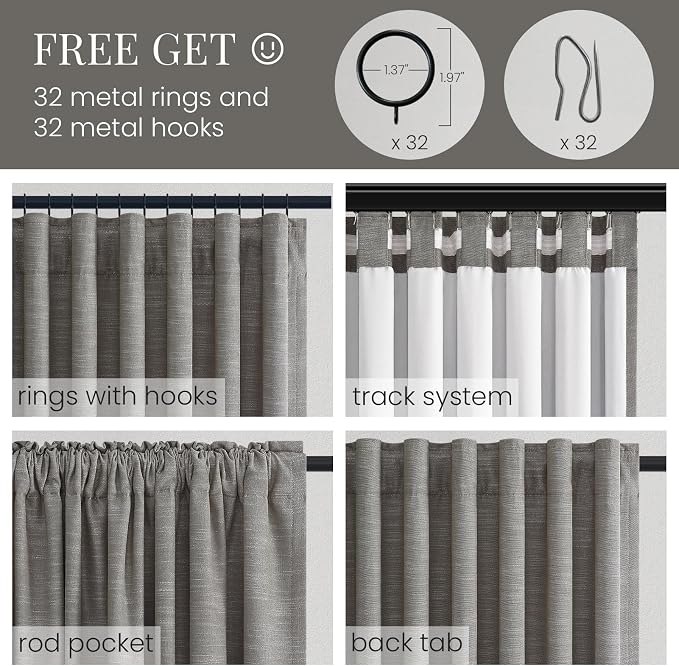 Topfinel Blackout Linen Curtains for Bedroom Living Room 90 Inch Long, Light Blocking & Heat Blocking Rod Pocket Curtains with Pin Hooks for Traverse, Shabby Chic Boho Blue Grey Panels 40" W*90" L
