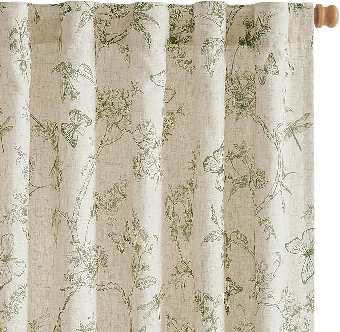 Lazzzy Charlotte Lined Linen Farmhouse Green Floral Curtains 63 Inch Length Back Tab Drapes for Living Room Bedroom Light Filtering Country Vintage Rod Pocket, 2 Panels, Green on Beige