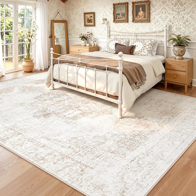 8X10 Area Rugs for Living Room, Washable Rugs Beige Vintage Medallion Non-Slip Soft Low Pile Rug Large Indoor Retro Carpet for Bedroom Dining Room Home Office Nursery Room(Beige,8'x10')