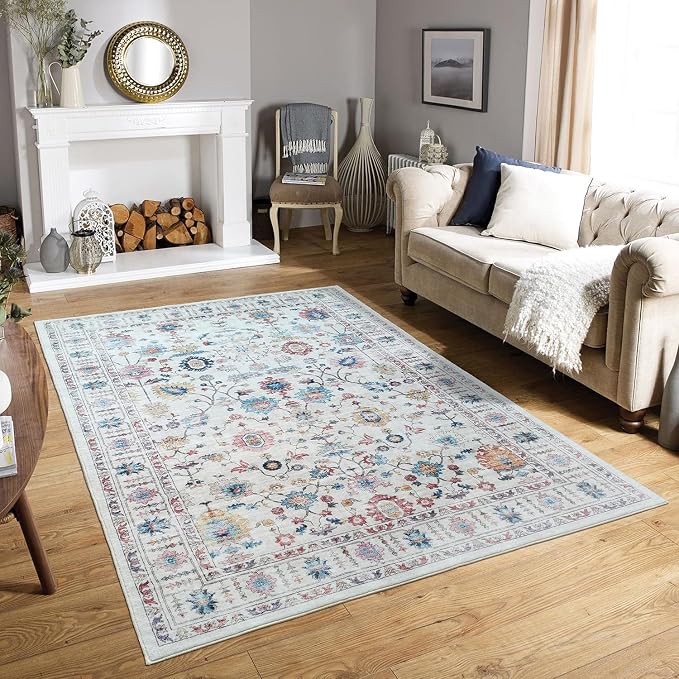 Mandala - Indoor Area Rugs 4x6 Washable, Stain Resistant Machine Washable Rugs for Living Room, Bedroom, and Modern House Décor - Durable Polyester Material, Colorful Patterned - Cream & Multi