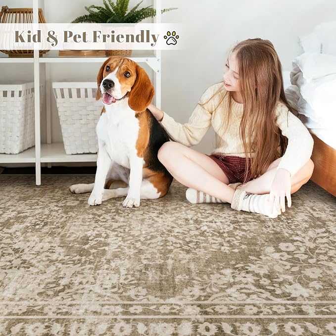Vintage Living Room Area Rug - 8x10 Large Machine Washable Boho Area Rug Distressed Floral Rugs for Bedroom, Soft Non-Slip Indoor Floor Accent Rugs for Office Dining Room (Floral Brown, 8'x10')