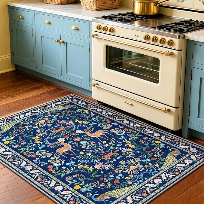 Lunasun 2x3 Washable Bathroom Rug, Small Throw Rugs for Kitchen, Powder Room, Front Door Indoor Entrance, Non Slip Low Pile Stain Resistant, Blue Colorful Floral Aethestic