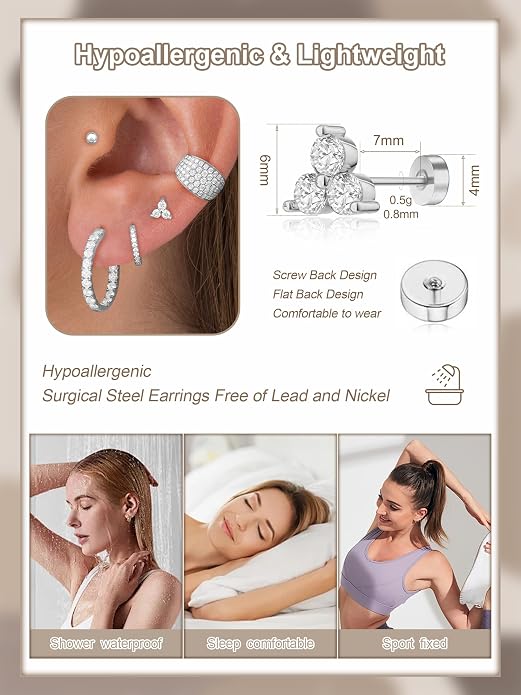 Dainty Big Small Hoop Earrings for Women Huggie Hypoallergenic Silver Gold Flat Back Stud Earrings Set 14K Gold Plated Luxury Cubic Zirconia Ear Cuff Cartilage Earrings for Multiple Piercing Jewelry Gifts for Women 5 Pairs
