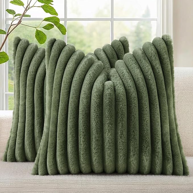 decorUhome Fall Faux Fur Throw Pillow Covers 20x20 Set of 2 Olive Green | Decorative Soft Cozy Striped Plush Modern Farmhouse Boho Couch Pillow Cases Velvet Back for Sofa Bed Living Room Home Decor