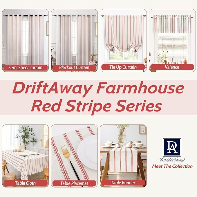 DriftAway Farmhouse Linen Stripe Blackout Curtains, W52xL84, Red | Blackout, Linen Texture, Stripe Pattern, Grommet, Two Layers, Bedroom Living Room Use, Sound Reducing Design