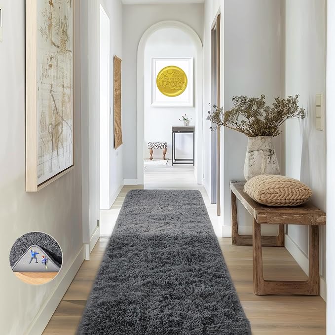 Ophanie 2x8 Runner Rug for Hallway, Upgrade Non-Slip Fluffy Soft Bedside Rugs, Bedroom Living Room Grey Shaggy Gray Carpet for Kids Dorm Home Decor with Over 99 pcs Pile fibers