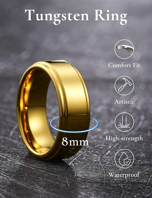 King Will 8mm Black Silver Mens Polished Tungsten Wedding Rings High Polish Surface Wedding Band Blue Silver Step Edge Comfort Fit