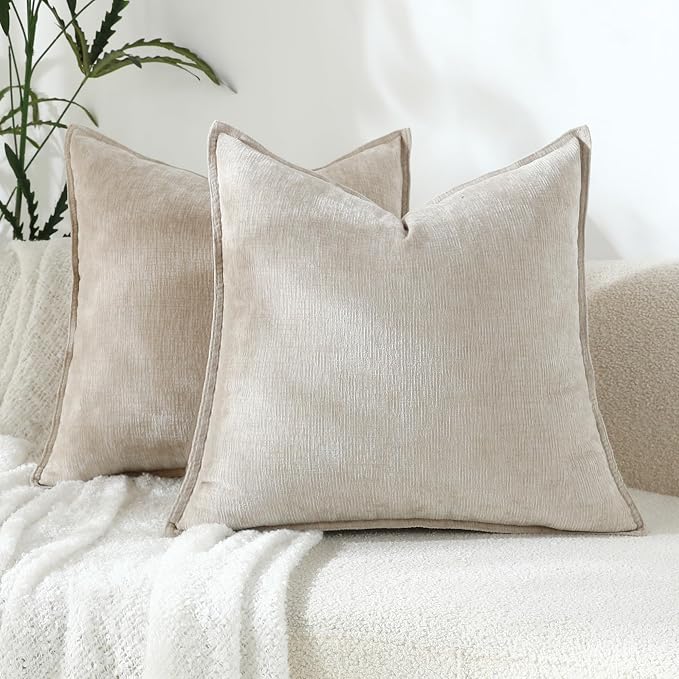 Stellhome Pack of 2 Soft Textured Throw Decorative Pillow Covers Square Accent Solid Chenille Cushion Cover Cozy Farmhouse Pillow Case for Couch Sofa Bedroom Living Room 22x22 Inch, Light Tan