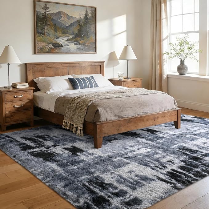 Large Shaggy 6x9 Area Rugs for Living Room Decor, Non-Slip Tie-Dyed Rugs for Bedroom Kids Playroom Dorm Room, High Pile Ultra Soft Carpet, Blue