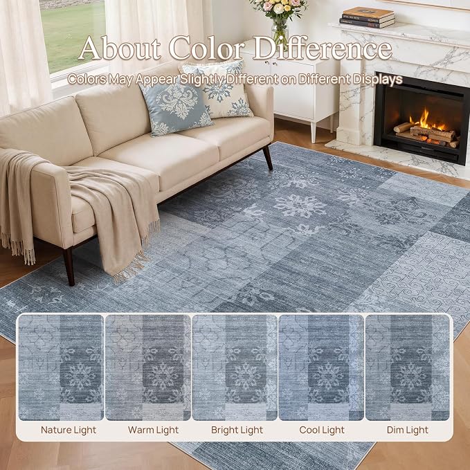 UERMEI 10x12 Area Rug for Living Room - Washable Vintage Carpet, Non-Slip Soft Large Indoor Floor Rugs for Bedroom Home Office & Under Dining Table Decor, Blue Block