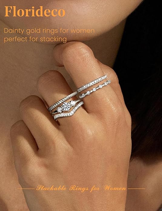 Florideco Stackable Rings for Women 14K Gold Plated Minimalist Non Tarnish Cubic Zirconia Thumb Ring Set Dainty Knuckle Ring Trendy Statement Stacking Rings Set Size 5-10