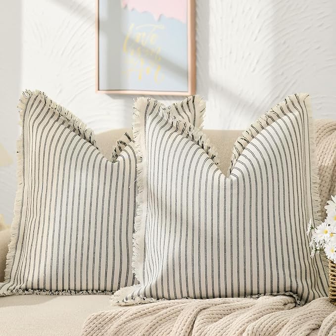ZWJD Throw Pillow Covers 16x16 Set of 2 Striped Pillow Covers with Fringe Chic Cotton Decorative Pillows Square Cushion Covers for Sofa Couch Bed Living Room Farmhouse Decor, (Gray)