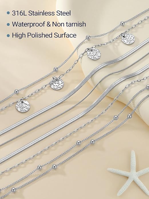 PROSTEEL Ankle Bracelets for Women Waterproof, Layered Stainless Steel Summer Beach anklets, Silver/Gold 8-10.5 Inch Adjustable, Come with Box