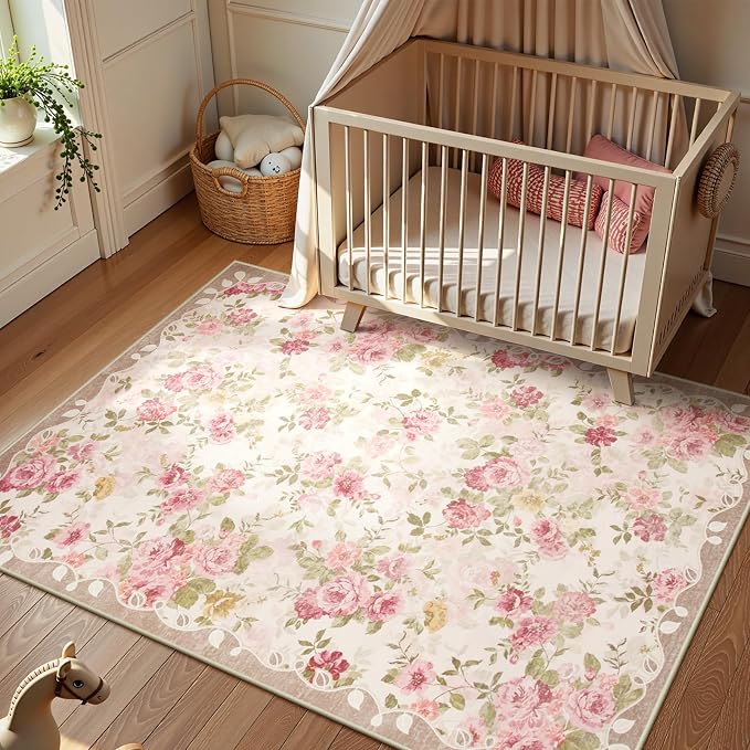 Lahome Washable Area Rug 6x9,Nursery Rug Girl Pink Dorm Rug, Vintage Girls Rugs for Bedroom Ultra-Thin Non Slip Carpet for Playroom Closet Dorm Room Decor Nina (6'X9',Beige)