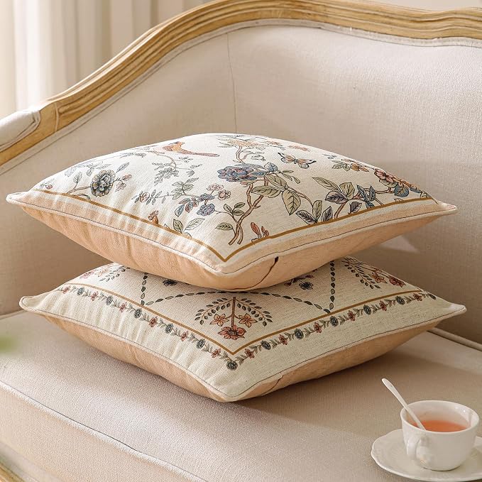 ISAENNE Designer Elegant Linen Throw Pillow Cover,Set of 4-Cornucopia Set | French Cottage Pillow Cover,Concealed Zipper,Floral Pattern,Sofas,Bedroom,Living Room,Lounge Chairs,All Season Home Decor