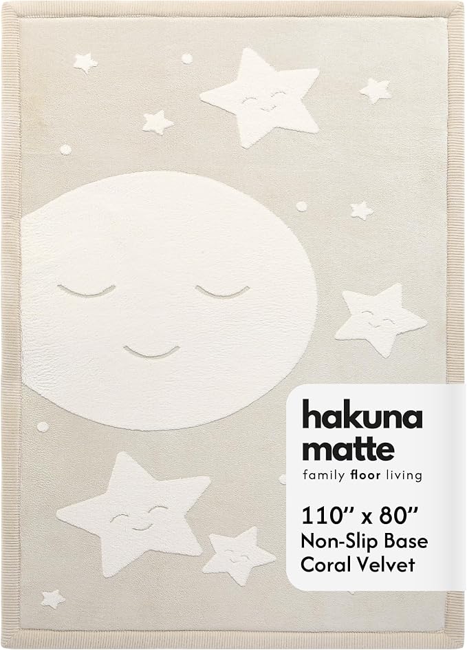 Hakuna Matte CloudRise Baby Play Mat for Floor 80" x 110" Moon & Stars | Coral Velvet high-density foam Rug for Crawling Cozy Play – Non-Slip, Water-Resistant, Easy-Care Tummy Time Mat