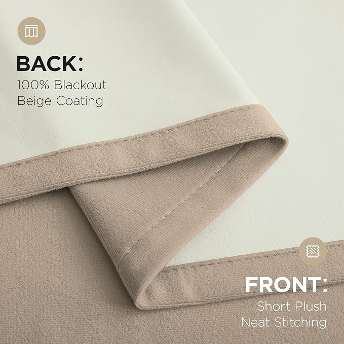 Joydeco 100% Blackout Velvet Curtains Beige 102 Inch Back Tab | Luxury Thermal Insulated Velvet Curtains for Bedroom Living Room, Soundproof Blackout Window Drapes