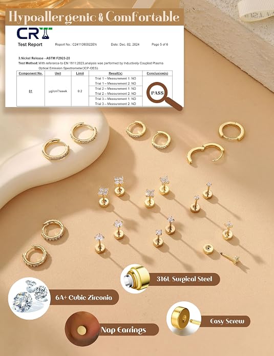 YADOCA 13 Pairs Hypoallergenic Surgical Steel Flat Back Earrings for Women Trendy 316L Stainless Steel Flatback Stud Earring Sets for Multiple Piercing Small Cartilage Hoop Earring Stacks