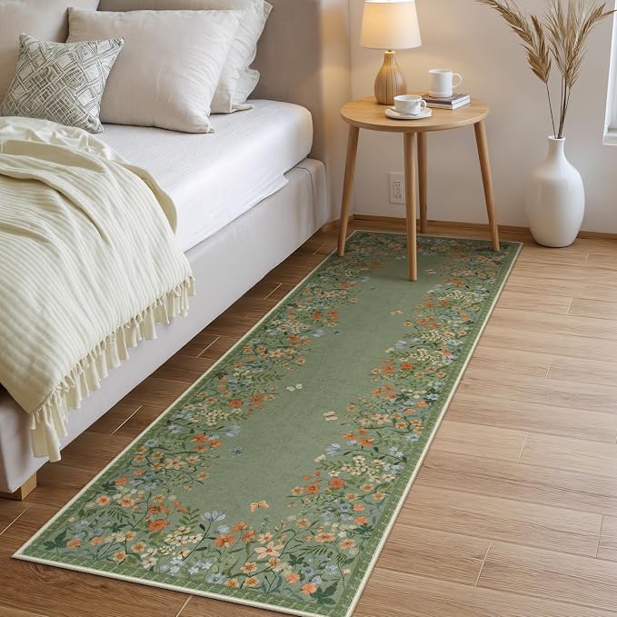 Wonnitar 2x6 Washable Runner Rug, Green Floral Hallway Runner, Boho Botanical Kitchen Rug, Non Slip Bedroom Runner for Side of Bed, Farmhouse Laundry Bathroom Decor (2x6 Green)