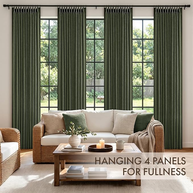 MIULEE 4 Panels Set Pinch Pleated Linen Curtains 96 Inches Long for Living Room Bedroom, Memory Trained Pinch Pleat Drapes Light Filtering Olive Green Semi Sheer Window Curtains Hooks Rings Back Tab