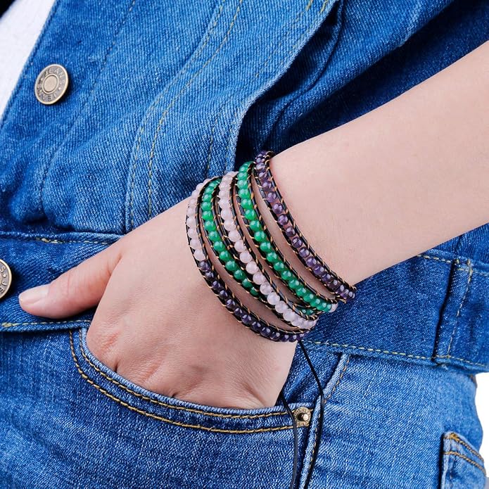 Nupuyai Handmade Leather Beaded Stone Wraps Bracelet Collection for Unisex