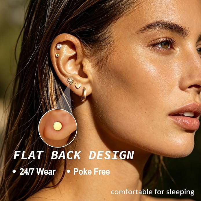 Hypoallergenic 14K Gold Stud Earrings Set for Women Surgical Stainless Steel Flat back Earrings Small Gold Huggie Hoop Earring for Sensitive Ears Screw Back Cartilage Piercing Jewelry