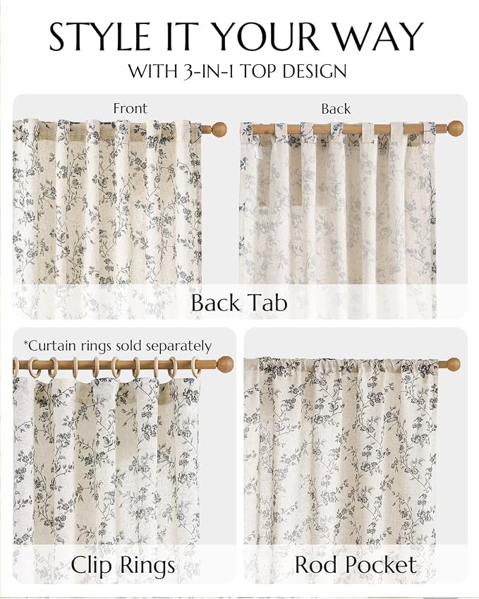 jinchan Black Floral Linen Curtains 84 Inch Farmhouse Back Tab 2 Panels | Flower patterned drapes, french country, printed, privacy, light filtering, bedroom, living room, dining room, home decor