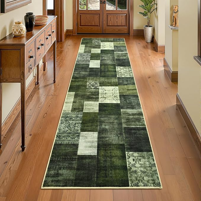 DweIke Runner Rug for for Hallways, 2'x6' Washable Kitchen Rugs with Non Slip Rubber Backing, Soft Low Pile Non-Shedding Geometric Carpet for Laundry Bedroom Bathroom, Green