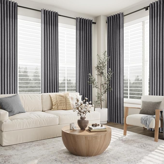 Aersas Blazer Grey Pinch Pleated Linen Curtains 96 Inches Length Flax Texture Wave Fabric Vertical Light Filtering Semi Sheer Window Shades for Living Room Bedroom with Hooks Home Decor 40x96 Inch