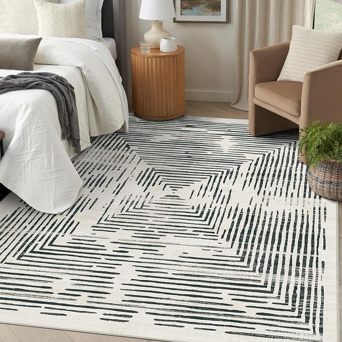 BLISSA Washable 5x8 Area Rug - Soft Modern Throw Rugs for Living Room Non-Slip Ultra-Thin Black White Lines Borderd Abstract Carpet for Bedroom Dining Room Rugs for Under Table Nursery Room Decor