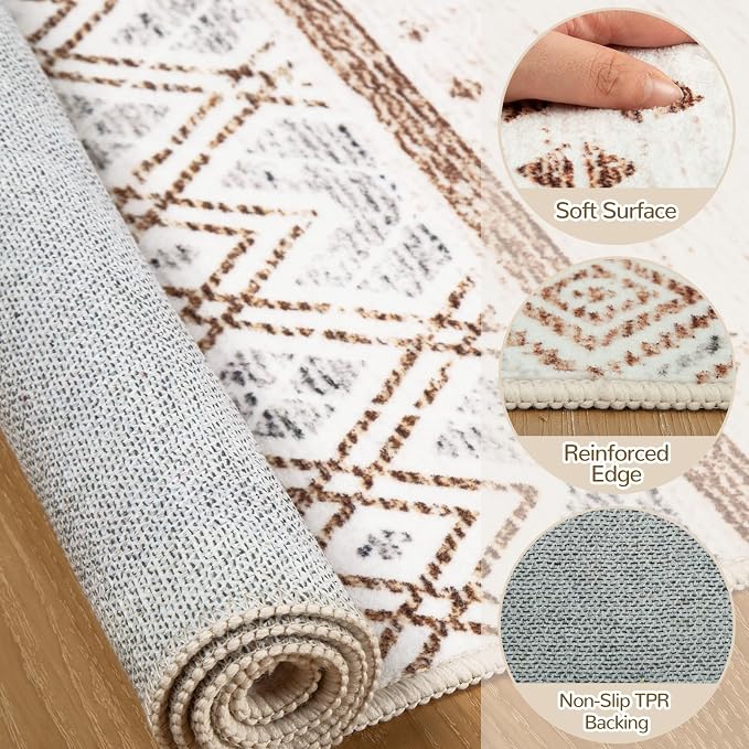BESTSWEETIE 4x6 Area Rugs for Living Room Washable Moroccan Farmhouse Neutral Geometric Low Pile Non-Slip Soft Print Pattern Rug for Bedroom Kitchen Dining Room Entryway Cream/Brown/Pink