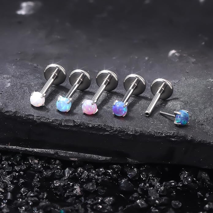 Ruifan Titanium Flat Back Lip Rings Threadless Push in Earrings Studs Nose Rings 20G 18G 16G Mix Colors Opal Tragus Cartilage Lobe Rook Helix Conch Labret Medusa Nostril Piercing Jewelry for Women Men