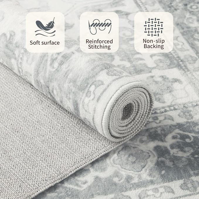 Rugxara Washable Area Rug for Living Room, Neutral Vintage Boho Rugs for Office, Dining Room, Kids Room, Farmhouse, Durable Low Pile Non Slip Carpet for High Traffic Areas, Light Grey(4x6ft)