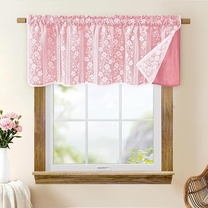 ASPMIZ Pink Valances for Windows Farmhouse Valance Curtains for Kitchen, Double Layer Kitchen Curtains with Linen Lace, Rod Pocket Window Valances for Small Window, Cafe, Bathroom, Living Room, 52x18
