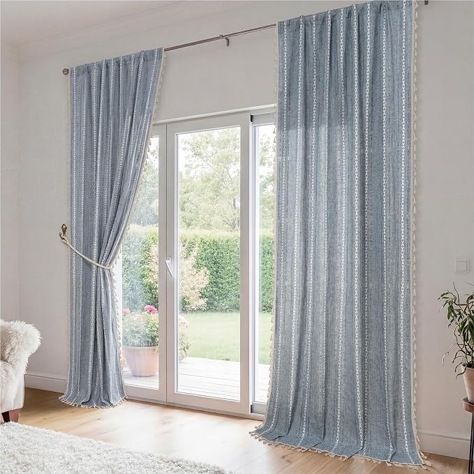 ColorBird Blue Boho Linen-Textured Floor to Ceiling Curtains for Living Dining Room Sliding Door Light Filtering 108 Inches Long Modern Farmhouse Curtains & Drapes for Master Bedroom Big Window