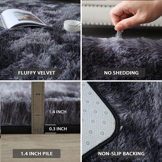 CAIYUECS Shag Area Rug,Indoor Ultra Soft Fluffy Plush Rugs for Bedroom Living Room, Non-Skid Modern Nursery Faux Fur Rugs for Kids Room Home Decor (Tie-Dyed Dark Gray, 6x9 Feet) | Ultra Soft Shag Microfiber Memory Foam Cushioning For Cloud-Like Barefoo...