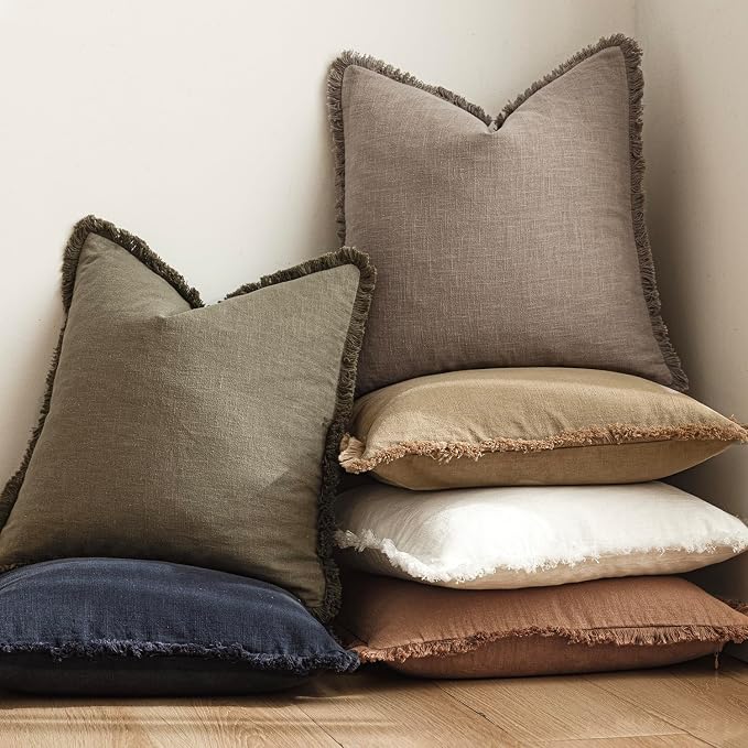 Foindtower Set of 2 Decorative Linen Fringe Throw Pillow Covers Boho Farmhouse Cushion Cover with Tassels Soft Accent Pillowcase for Couch Chair Sofa Bed Living Room Home Decor,18×18 Inch,Brown Tan