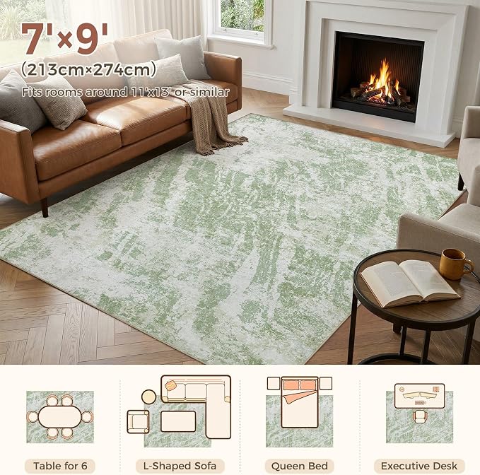 DMOYEST 7x9 Washable Area Rug: Abstract Modern Non-Slip Carpet, Soft Low Pile Indoor Neutral Easy Clean Floor Rugs for Living Room Bedroom Dining Room Kids & Pets - Green