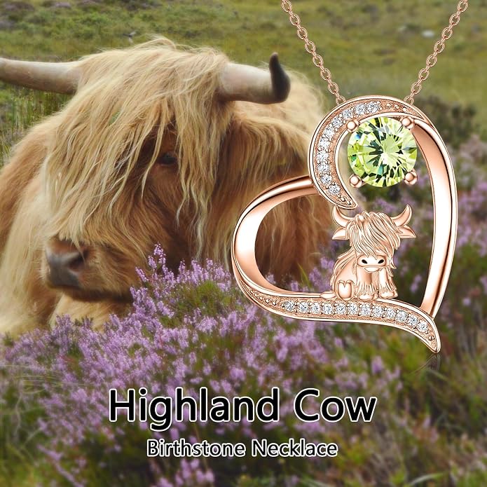 Highland Cow Gifts for Women 925 Sterling Silver Highland Cow Birthstone Necklace Fluffy Cow Jewelry Gifts Birthday Christmas