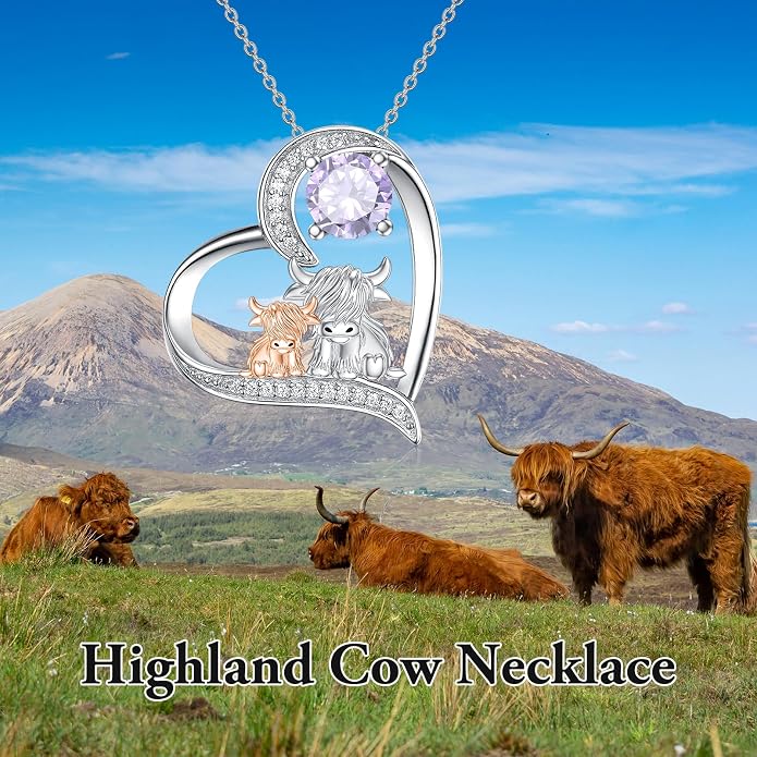Highland Cow Gifts for Women 925 Sterling Silver Highland Cow Birthstone Necklace Fluffy Cow Jewelry Gifts Birthday Christmas