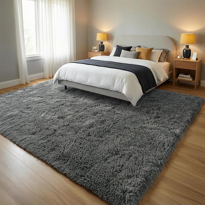 Fluffy Rugs for Living Room: Smoky Gray Soft Shag Rug for Bedroom, Large Fuzzy Plush Indoor Carpet Non Slip Modern Rug for Nursery Kids Room Dorms Office Home Decor, 7x10 Feet